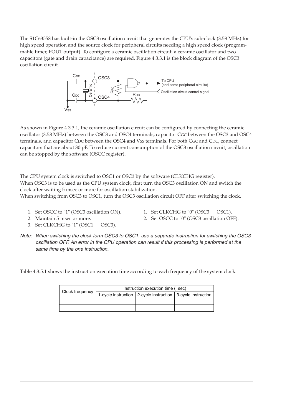 3 osc3 oscillation circuit, 4 switching the cpu operating clock, 5 clock frequency and instruction execution time | Epson S1C63558 User Manual | Page 36 / 185