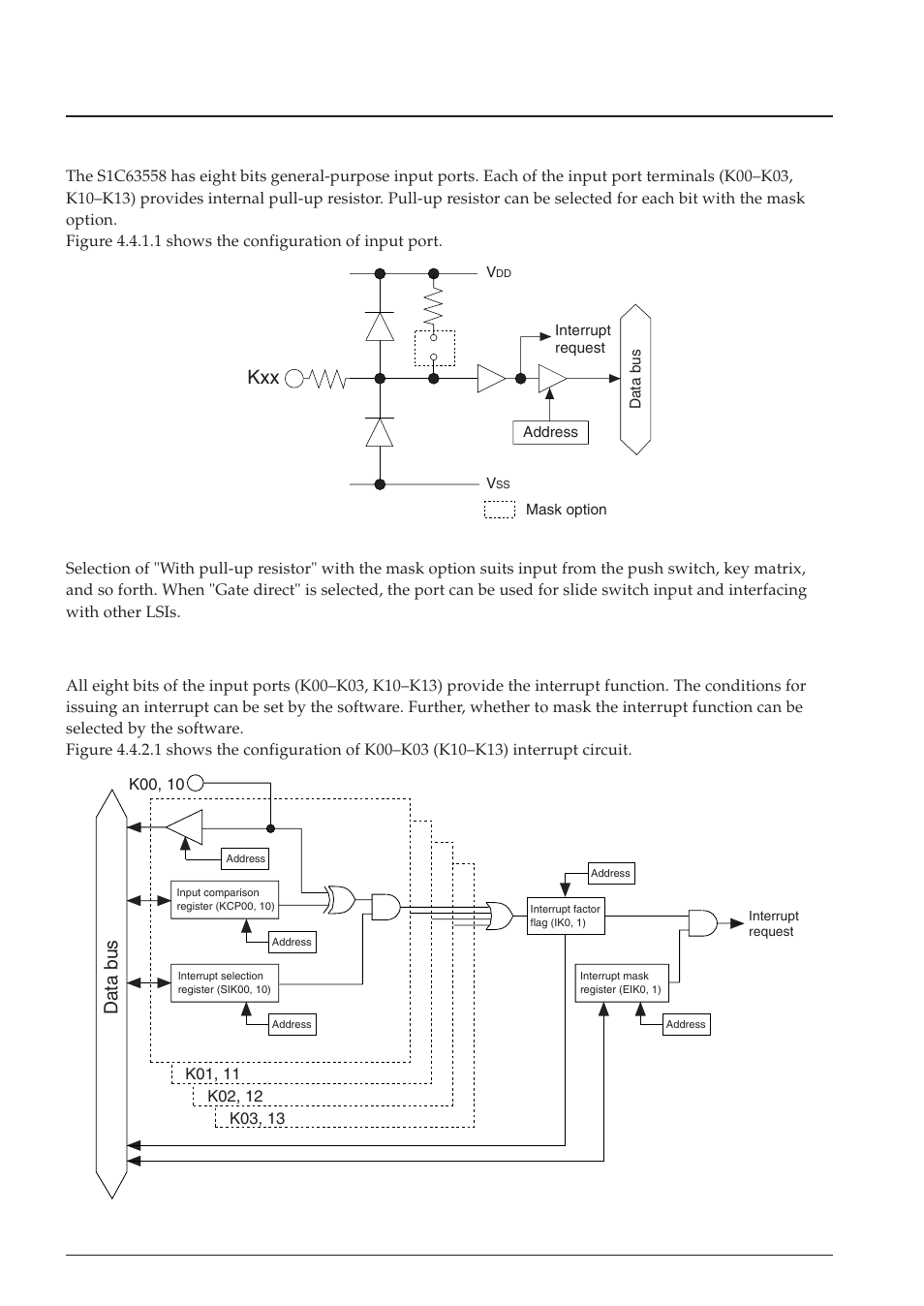 4 input ports (k00–k03 and k10–k13), 1 configuration of input ports, 2 interrupt function | Data bus | Epson S1C63558 User Manual | Page 38 / 185