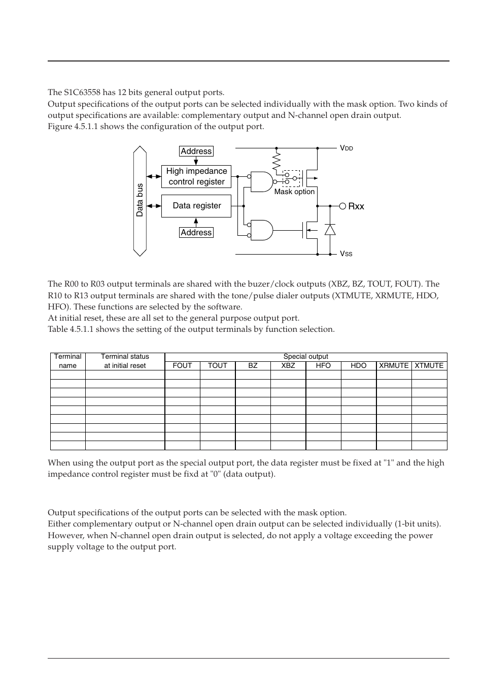 5 output ports (r00–r03, r10–r13 and r20–r23), 1 configuration of output ports, 2 mask option | 5 output ports | Epson S1C63558 User Manual | Page 43 / 185