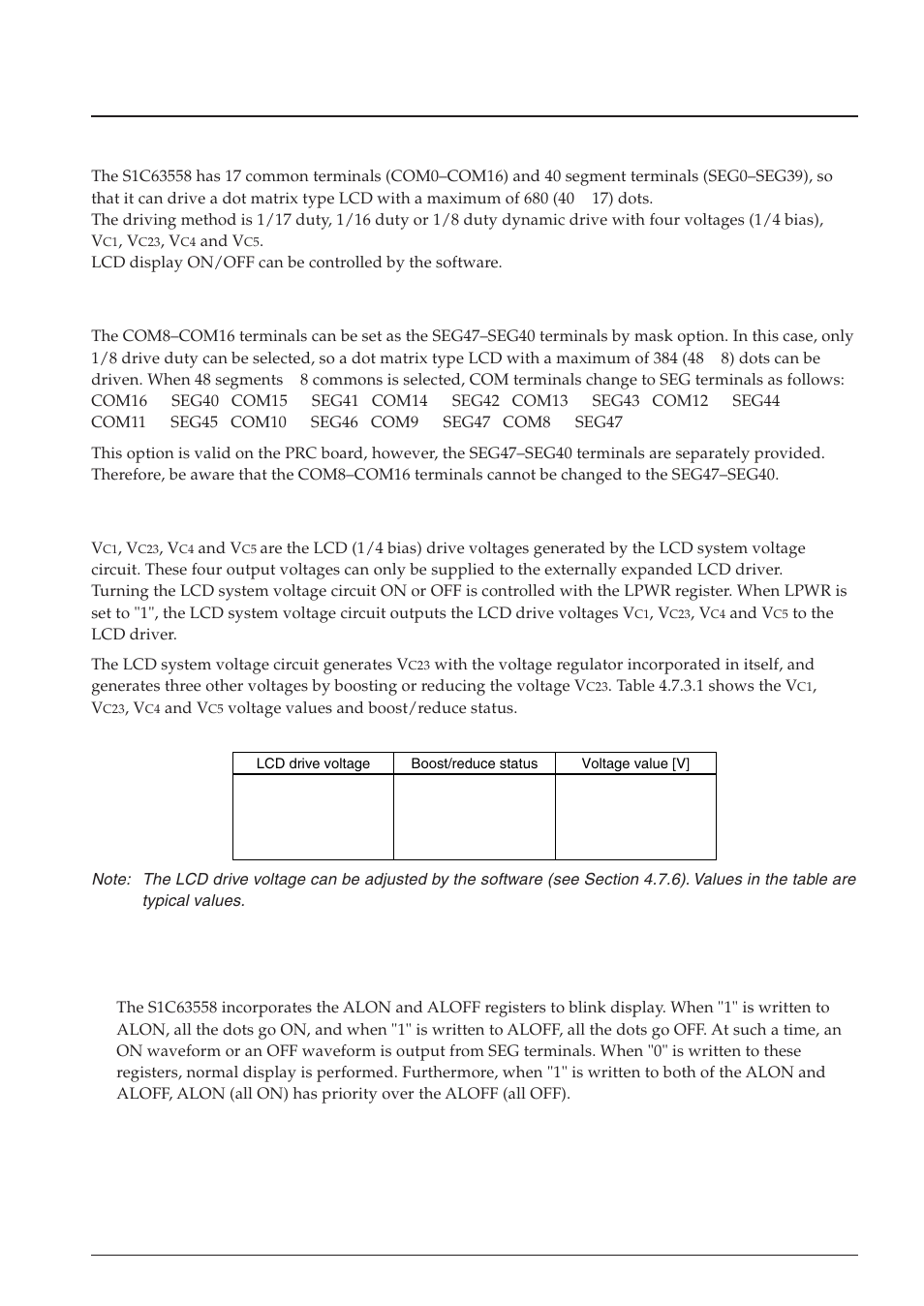 7 lcd driver (com0–com16, seg0–seg39), 1 configuration of lcd driver, 2 mask option | 3 power supply for lcd driving | Epson S1C63558 User Manual | Page 59 / 185