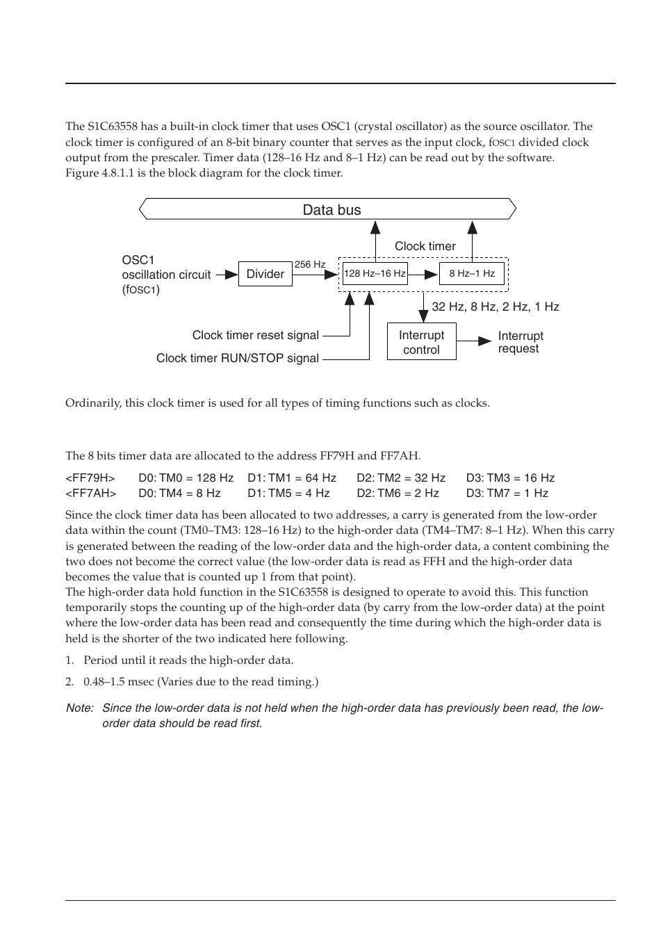 8 clock timer, 1 configuration of clock timer, 2 data reading and hold function | Data bus | Epson S1C63558 User Manual | Page 67 / 185