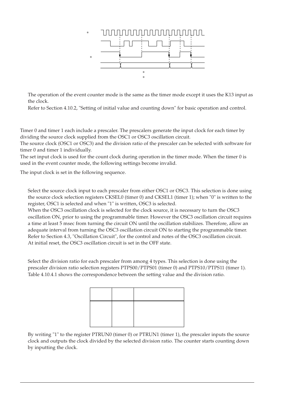 4 setting of input clock in timer mode, 1) selection of source clock, 2) selection of prescaler division ratio | Epson S1C63558 User Manual | Page 78 / 185