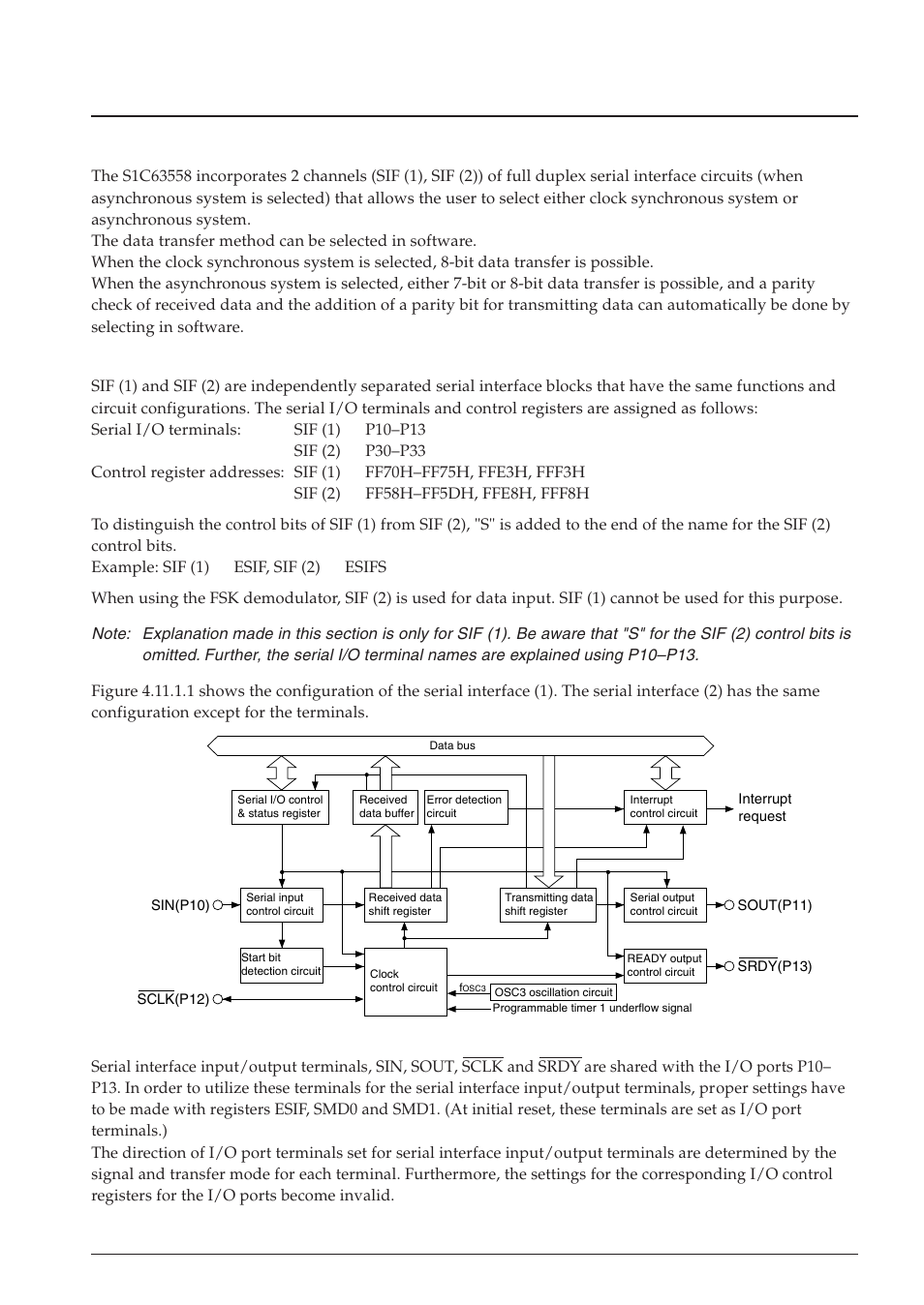 11 serial interface, 1 configuration of serial interface, Differences between sif (1) and sif (2) | Epson S1C63558 User Manual | Page 87 / 185