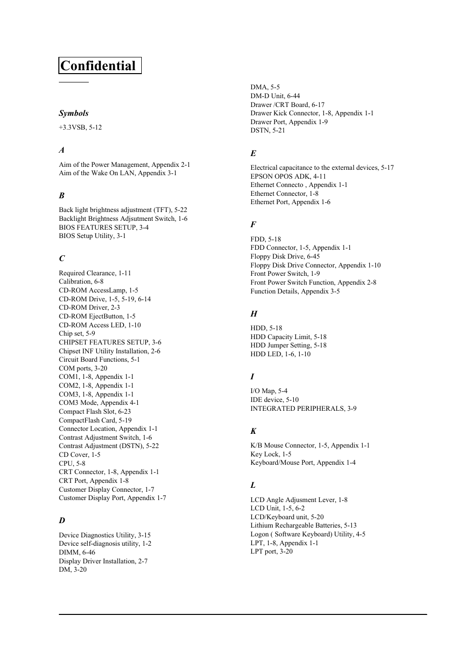 Index, Confidential | Epson SR-600 User Manual | Page 189 / 192