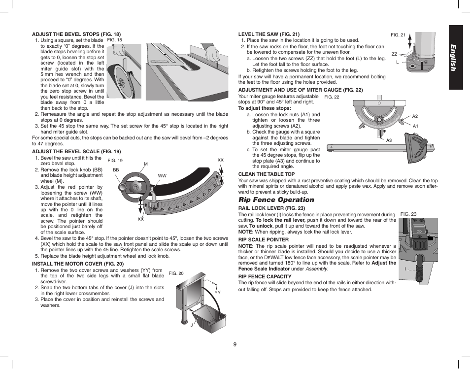 English, Rip fence operation | Epson WOODWORKER'S TABLE SAW DW746 User Manual | Page 11 / 52