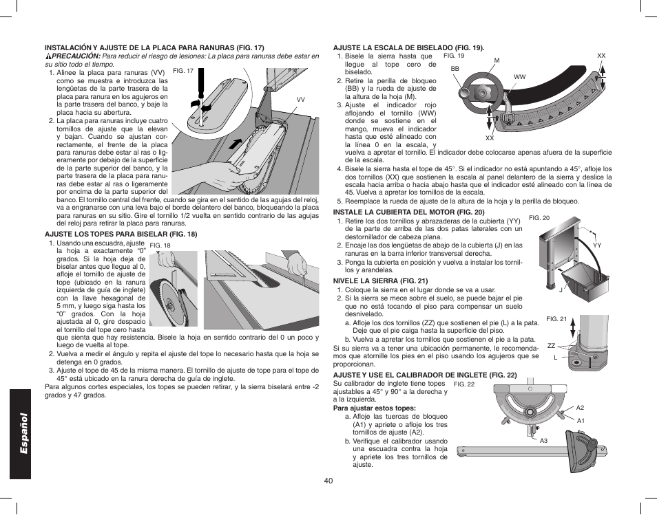 Español | Epson WOODWORKER'S TABLE SAW DW746 User Manual | Page 42 / 52