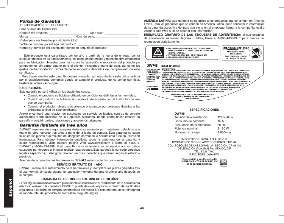 Español, Póliza de garantía, Garantía limitada de tres años | Epson WOODWORKER'S TABLE SAW DW746 User Manual | Page 48 / 52