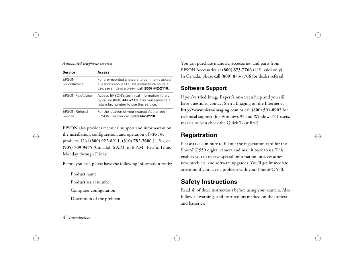 Software support, Registration, Safety instructions | Epson PhotoPC 550 User Manual | Page 10 / 107