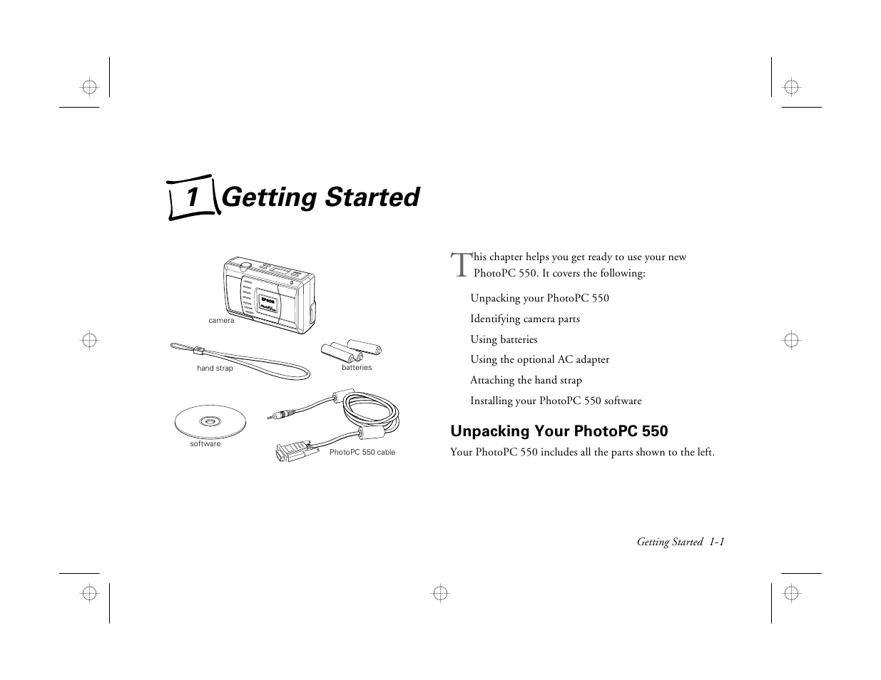 Chap 1-getting started, Unpacking your photopc 550, 1 getting started | Epson PhotoPC 550 User Manual | Page 13 / 107