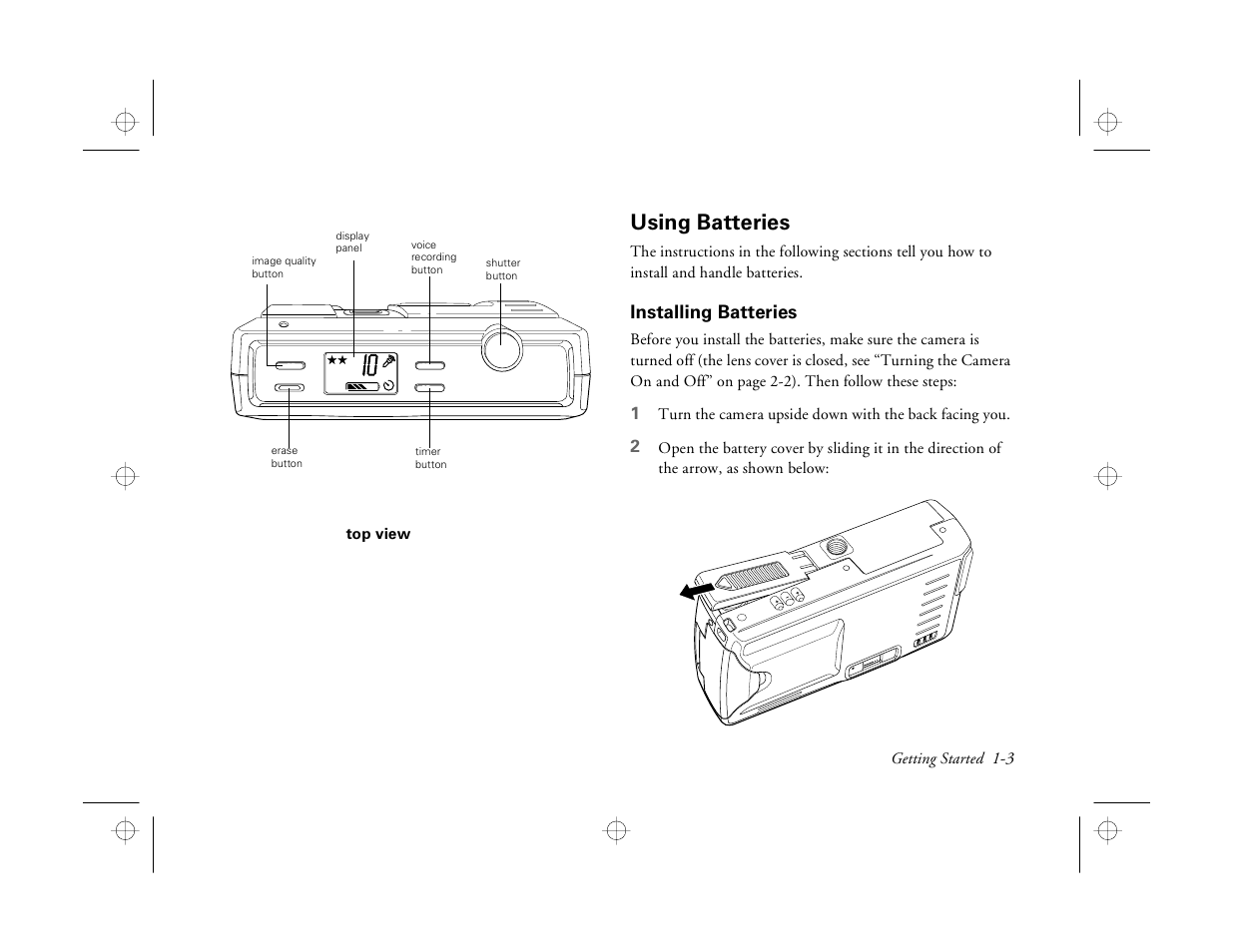 Using batteries, Installing batteries | Epson PhotoPC 550 User Manual | Page 15 / 107