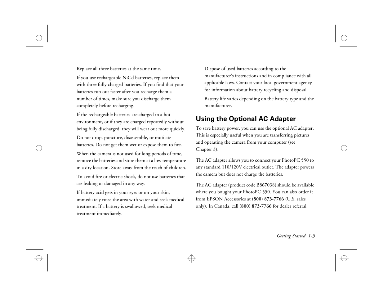 Using the optional ac adapter | Epson PhotoPC 550 User Manual | Page 17 / 107