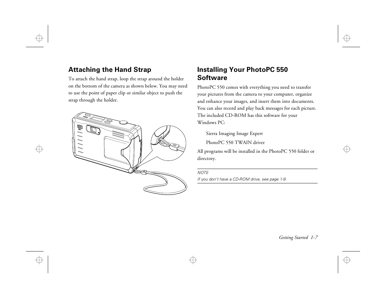 Attaching the hand strap, Installing your photopc 550 software | Epson PhotoPC 550 User Manual | Page 19 / 107