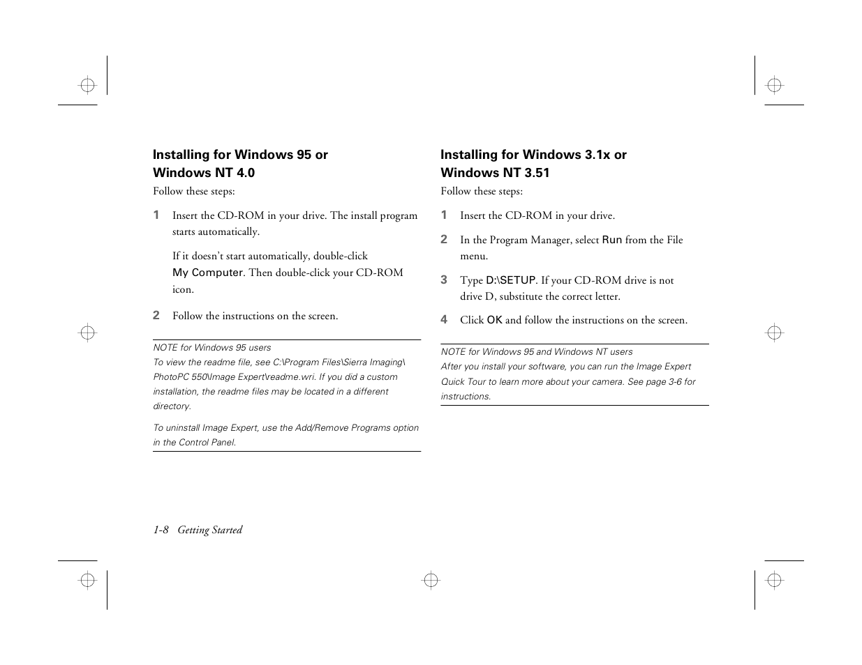 Installing for windows 95 or windows nt 4.0, Installing for windows 3.1x or windows nt 3.51 | Epson PhotoPC 550 User Manual | Page 20 / 107