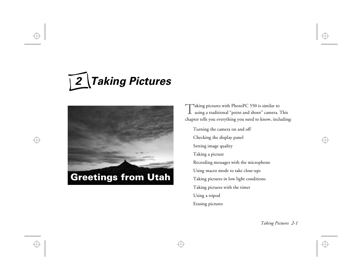 Chap 2-taking pictures, 2 taking pictures, Greetings from utah | Epson PhotoPC 550 User Manual | Page 23 / 107