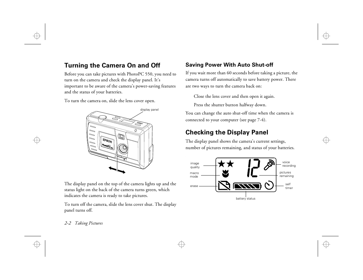 Turning the camera on and off, Saving power with auto shut-off, Checking the display panel | Epson PhotoPC 550 User Manual | Page 24 / 107