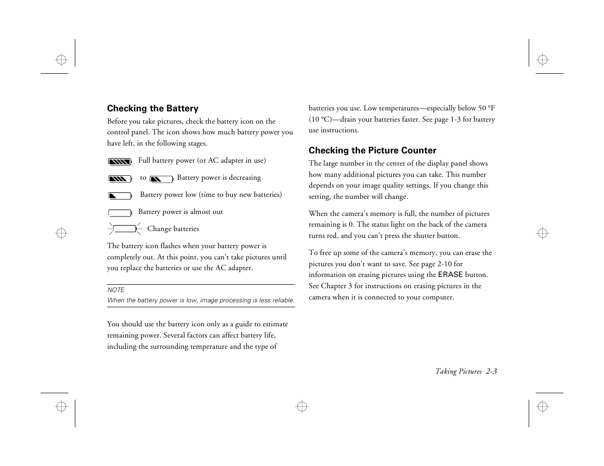 Checking the battery, Checking the picture counter | Epson PhotoPC 550 User Manual | Page 25 / 107