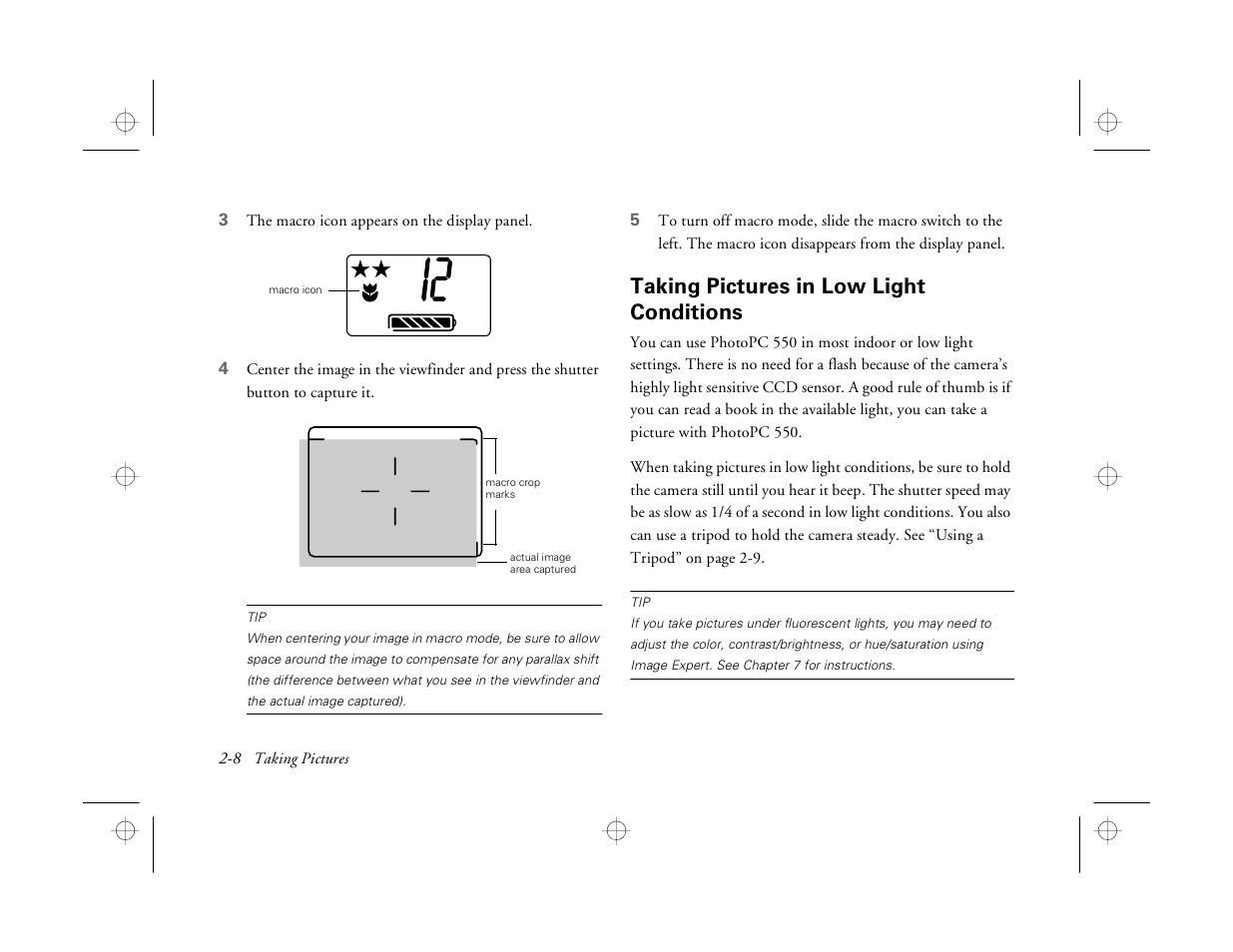 Taking pictures in low light conditions | Epson PhotoPC 550 User Manual | Page 30 / 107