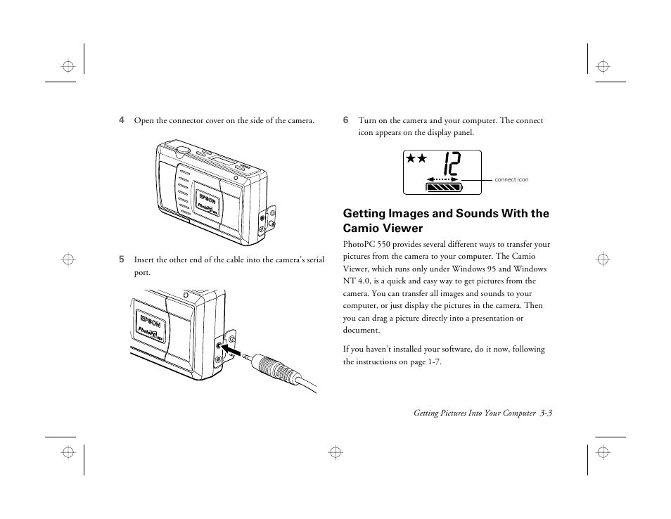 Getting images and sounds with the camio viewer | Epson PhotoPC 550 User Manual | Page 35 / 107