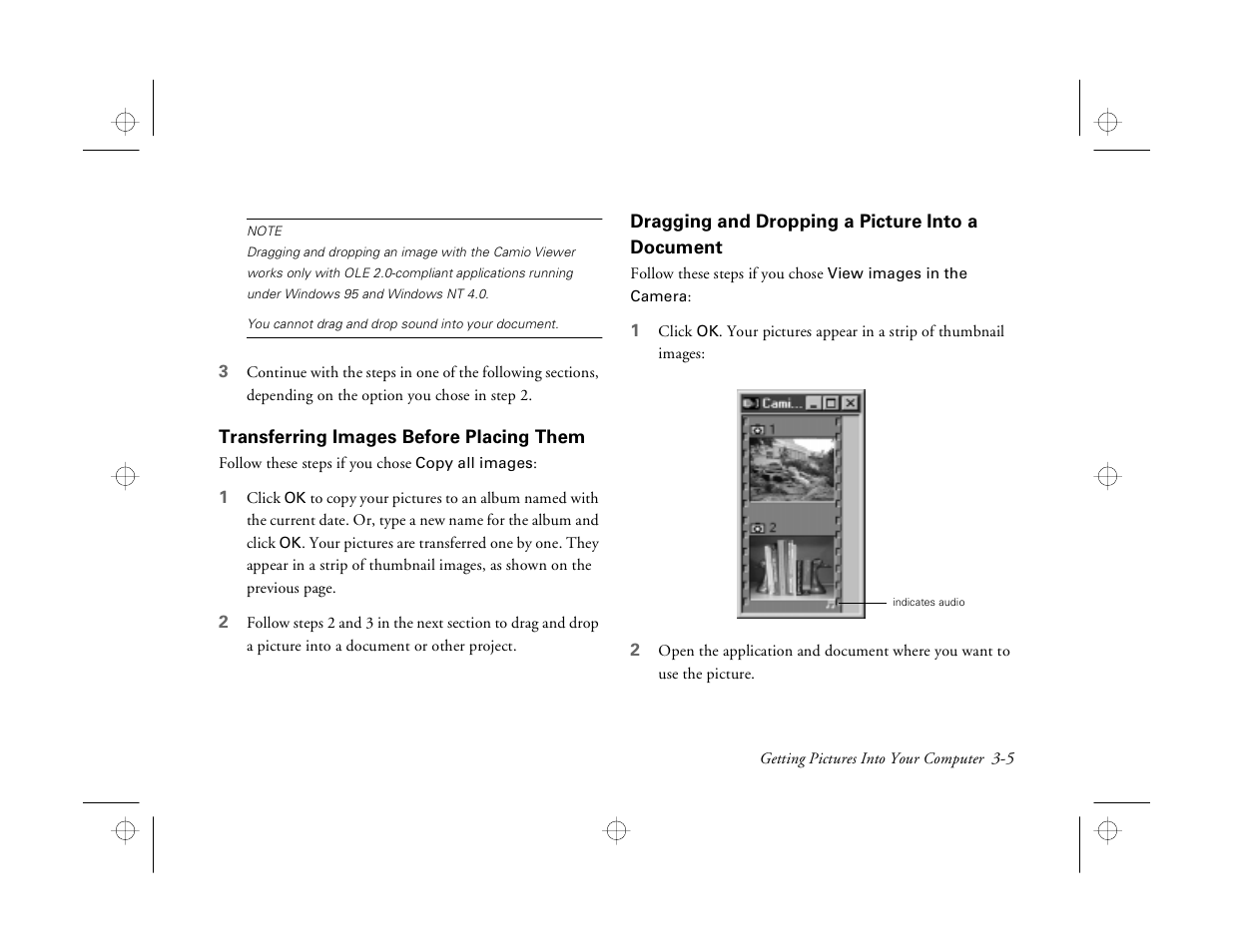 Transferring images before placing them, Dragging and dropping a picture into a document | Epson PhotoPC 550 User Manual | Page 37 / 107