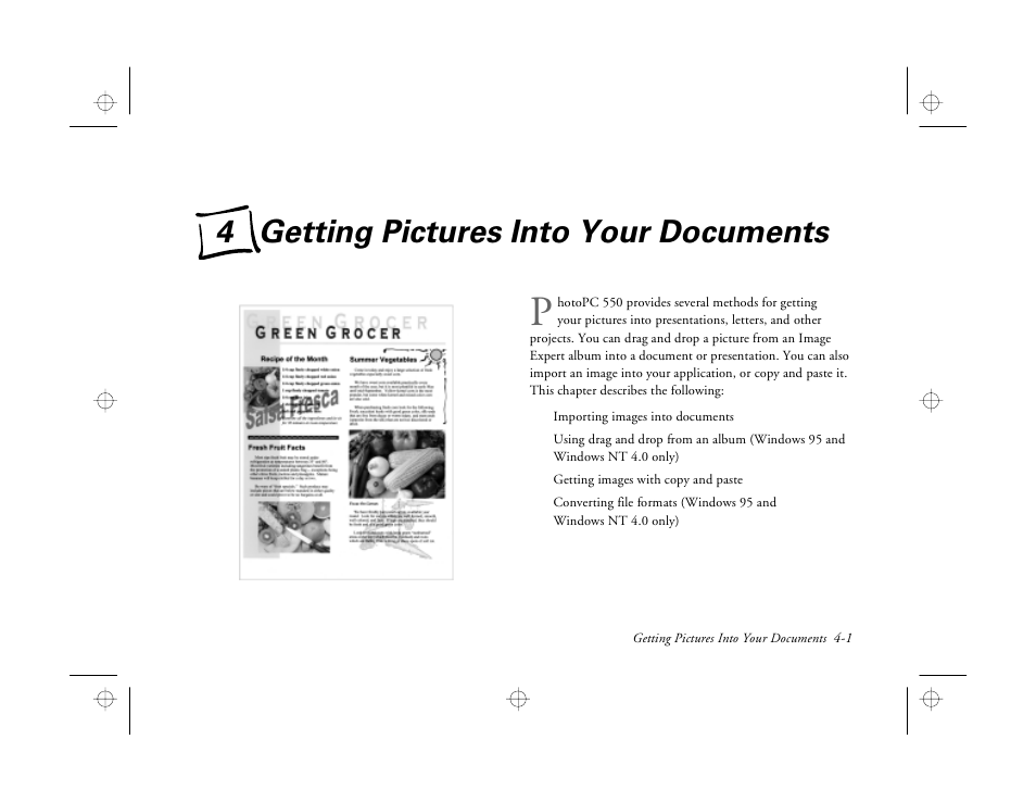 Chap 4-getting pictures into your documents, 4 getting pictures into your documents | Epson PhotoPC 550 User Manual | Page 45 / 107