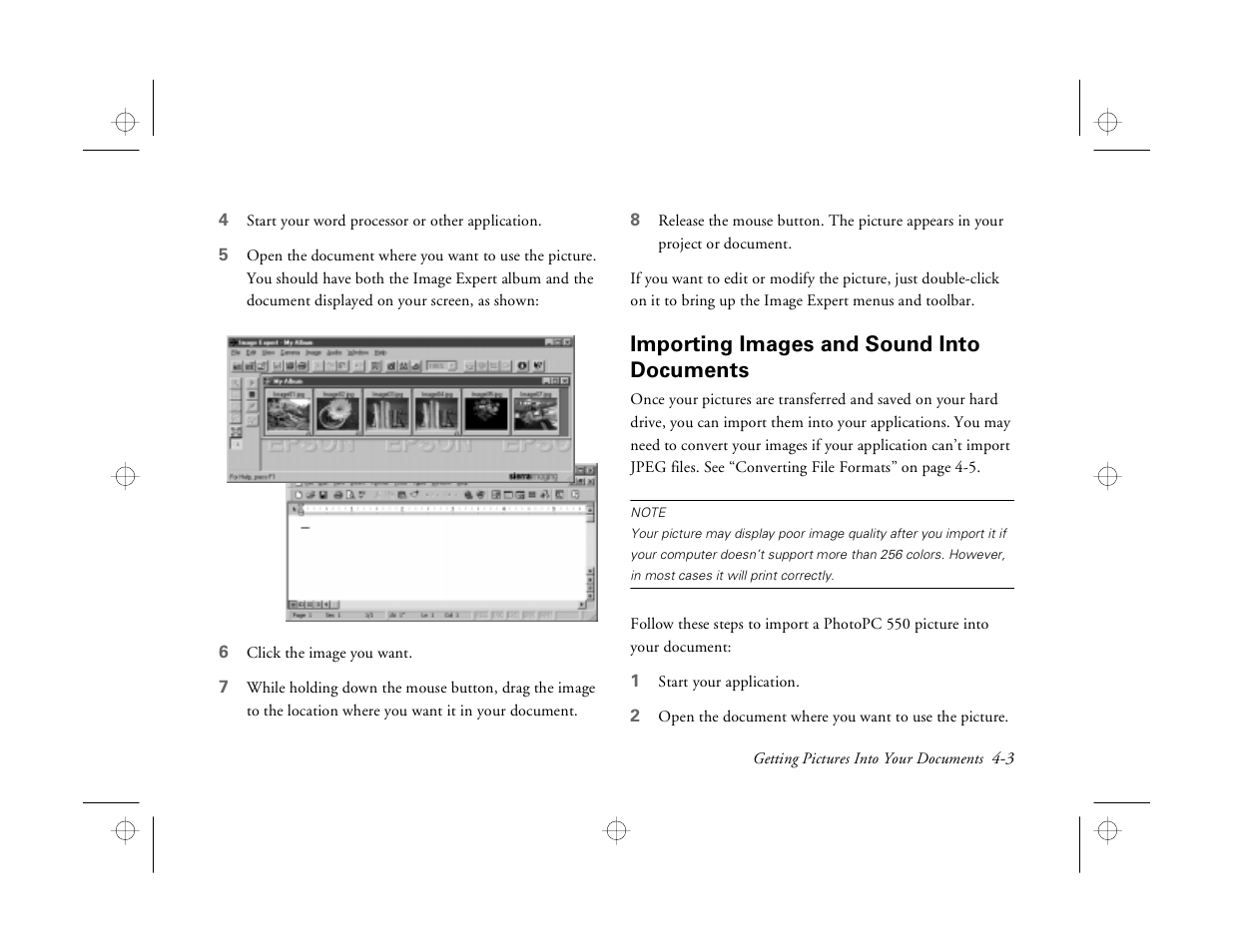 Importing images and sound into documents | Epson PhotoPC 550 User Manual | Page 47 / 107