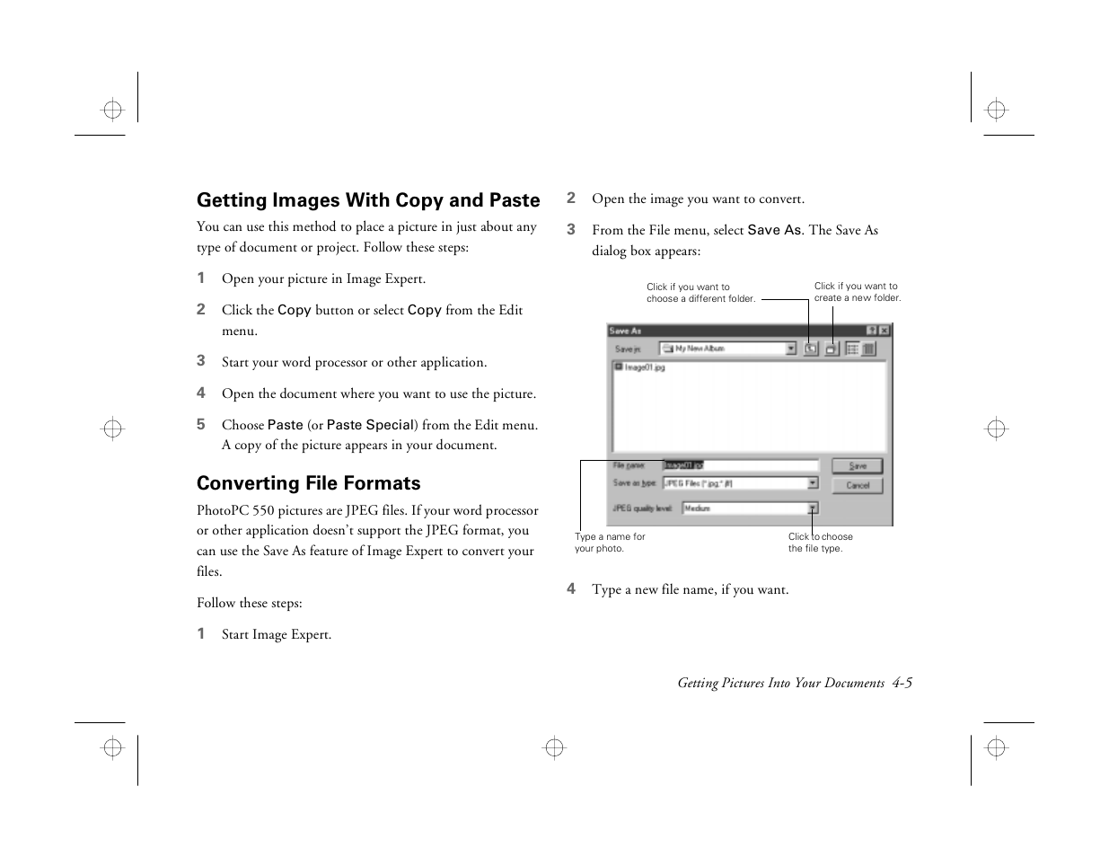 Getting images with copy and paste, Converting file formats | Epson PhotoPC 550 User Manual | Page 49 / 107