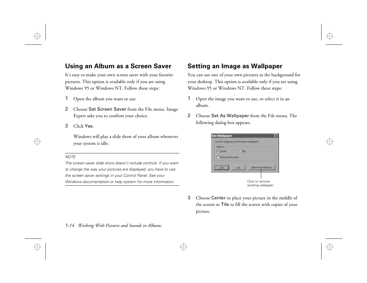 Using an album as a screen saver, Setting and image as wallpaper, Setting an image as wallpaper | Epson PhotoPC 550 User Manual | Page 64 / 107