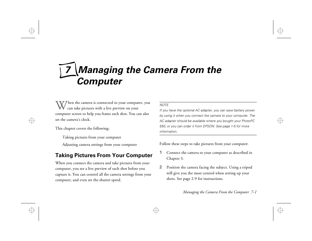 Chap 7-managing the camera from the computer, Taking pictures from your computer, 7 managing the camera from the computer | Epson PhotoPC 550 User Manual | Page 75 / 107