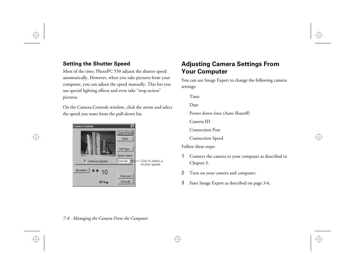 Setting the shutter speed, Adjusting camera settings from your computer | Epson PhotoPC 550 User Manual | Page 78 / 107