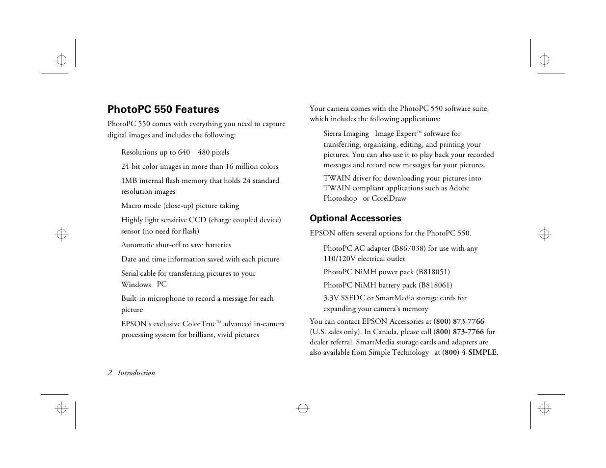 Photopc 550 features, Optional accessories | Epson PhotoPC 550 User Manual | Page 8 / 107