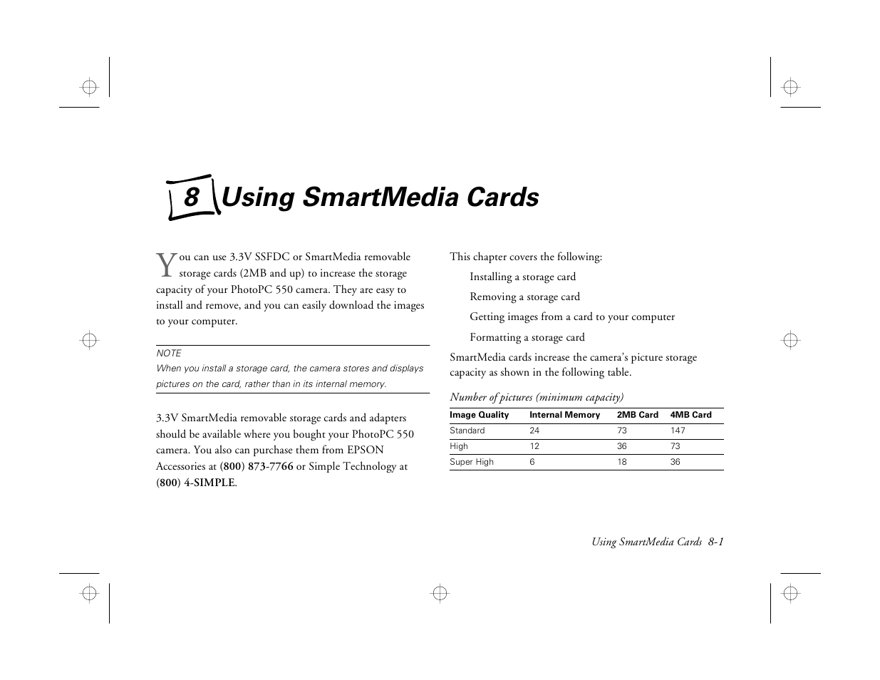 Chap 8-using smartmedia cards, 8 using smartmedia cards | Epson PhotoPC 550 User Manual | Page 81 / 107