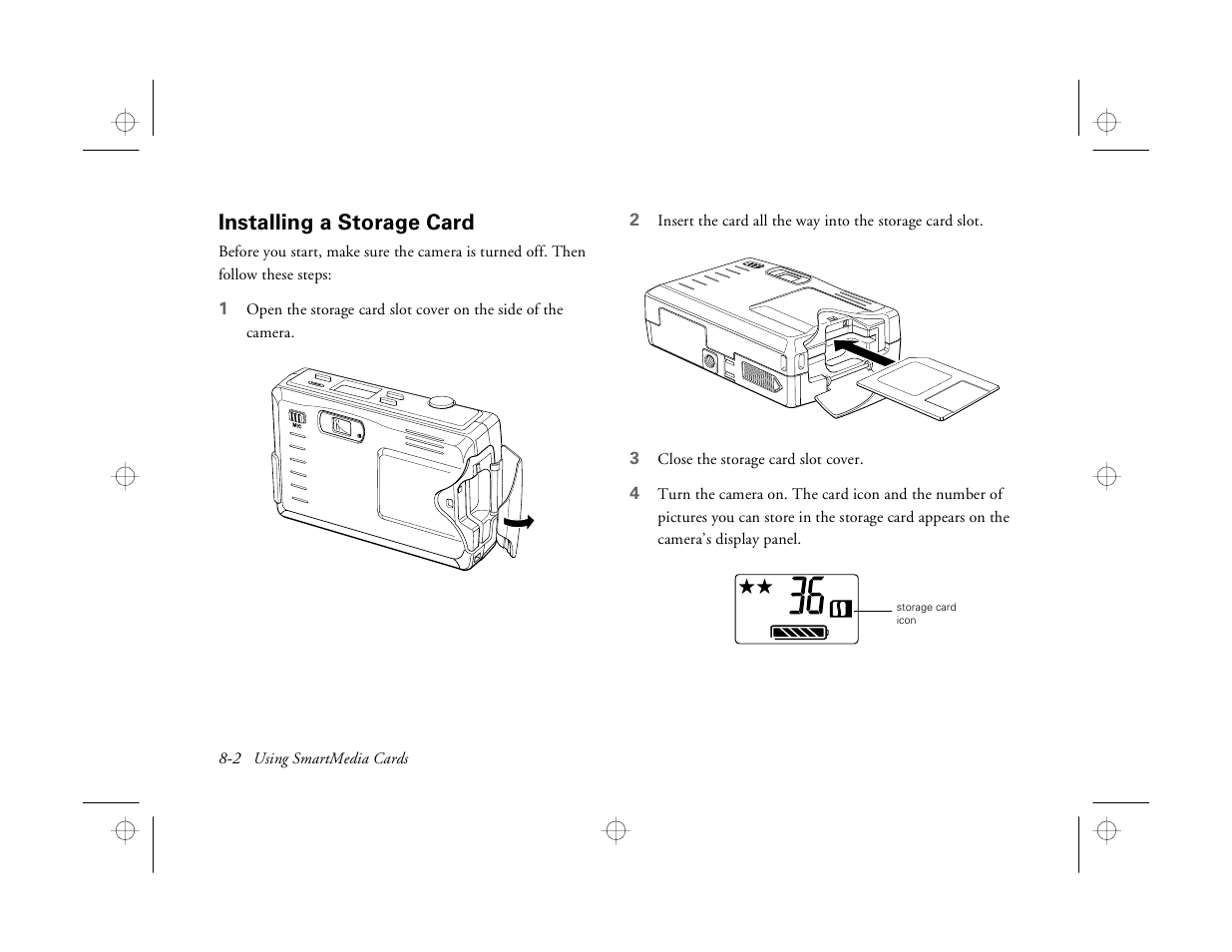 Installing a storage card | Epson PhotoPC 550 User Manual | Page 82 / 107
