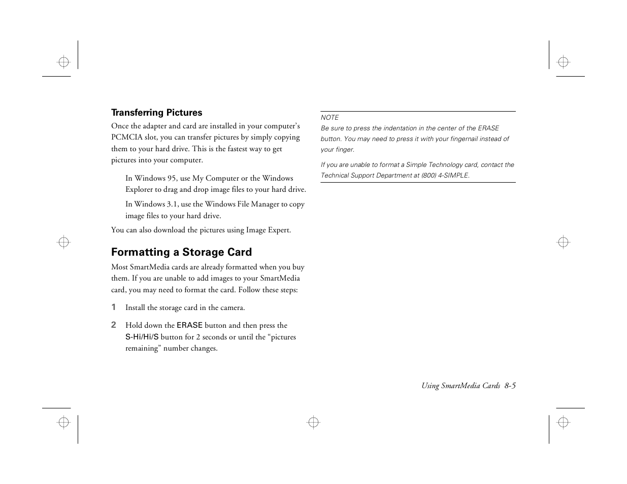 Transferring pictures, Formatting a storage card | Epson PhotoPC 550 User Manual | Page 85 / 107