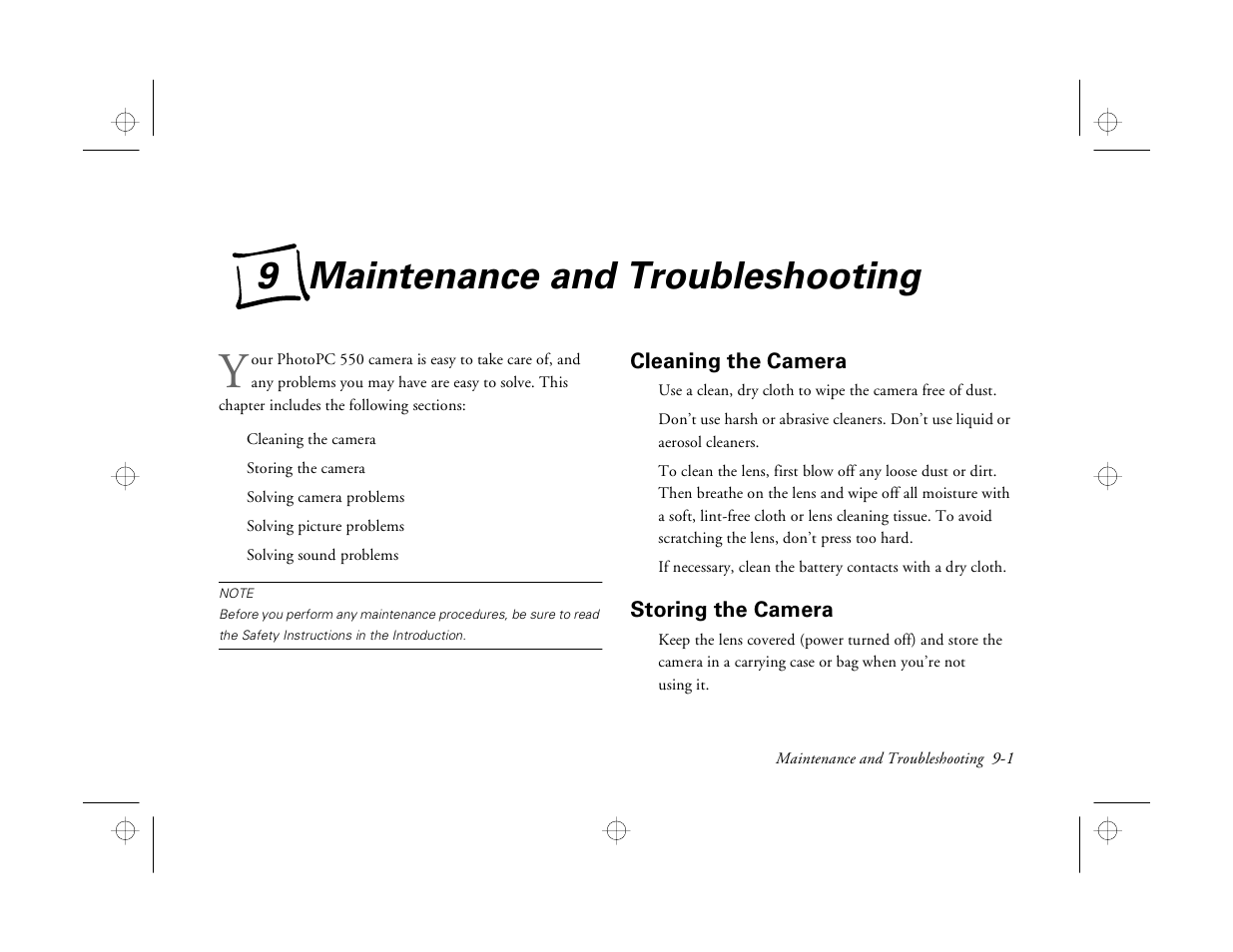 Chap 9-maintenance and troubleshooting, Cleaning the camera, Storing the camera | 9 maintenance and troubleshooting | Epson PhotoPC 550 User Manual | Page 87 / 107