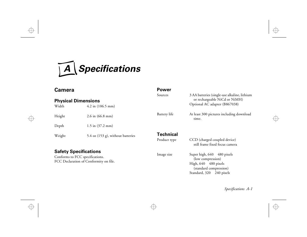 Appendix a-specifications, Camera, Physical dimensions | Safety specifications, Power, Technical, L a-1, A specifications | Epson PhotoPC 550 User Manual | Page 95 / 107