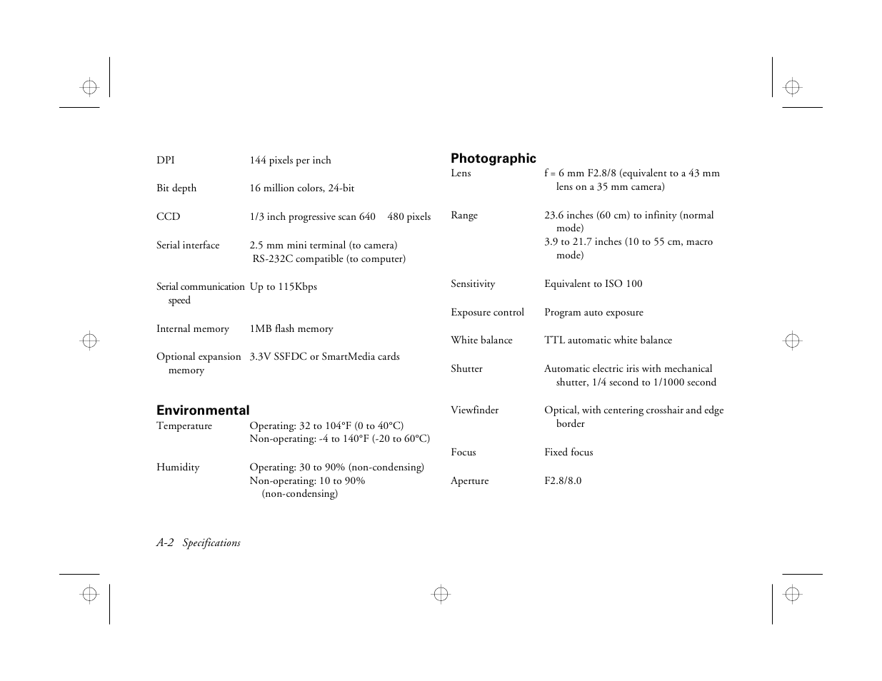 Environmental, Photographic, L a-2 | Epson PhotoPC 550 User Manual | Page 96 / 107