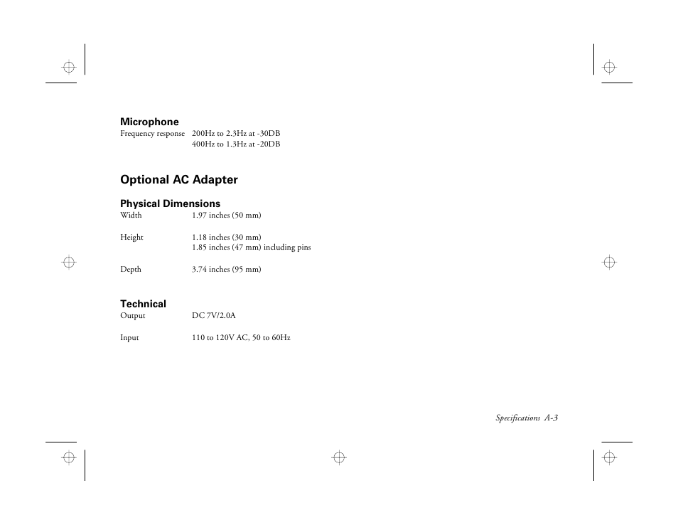 Microphone, Optional ac adapter, Physical dimensions | Technical, L a-3 | Epson PhotoPC 550 User Manual | Page 97 / 107
