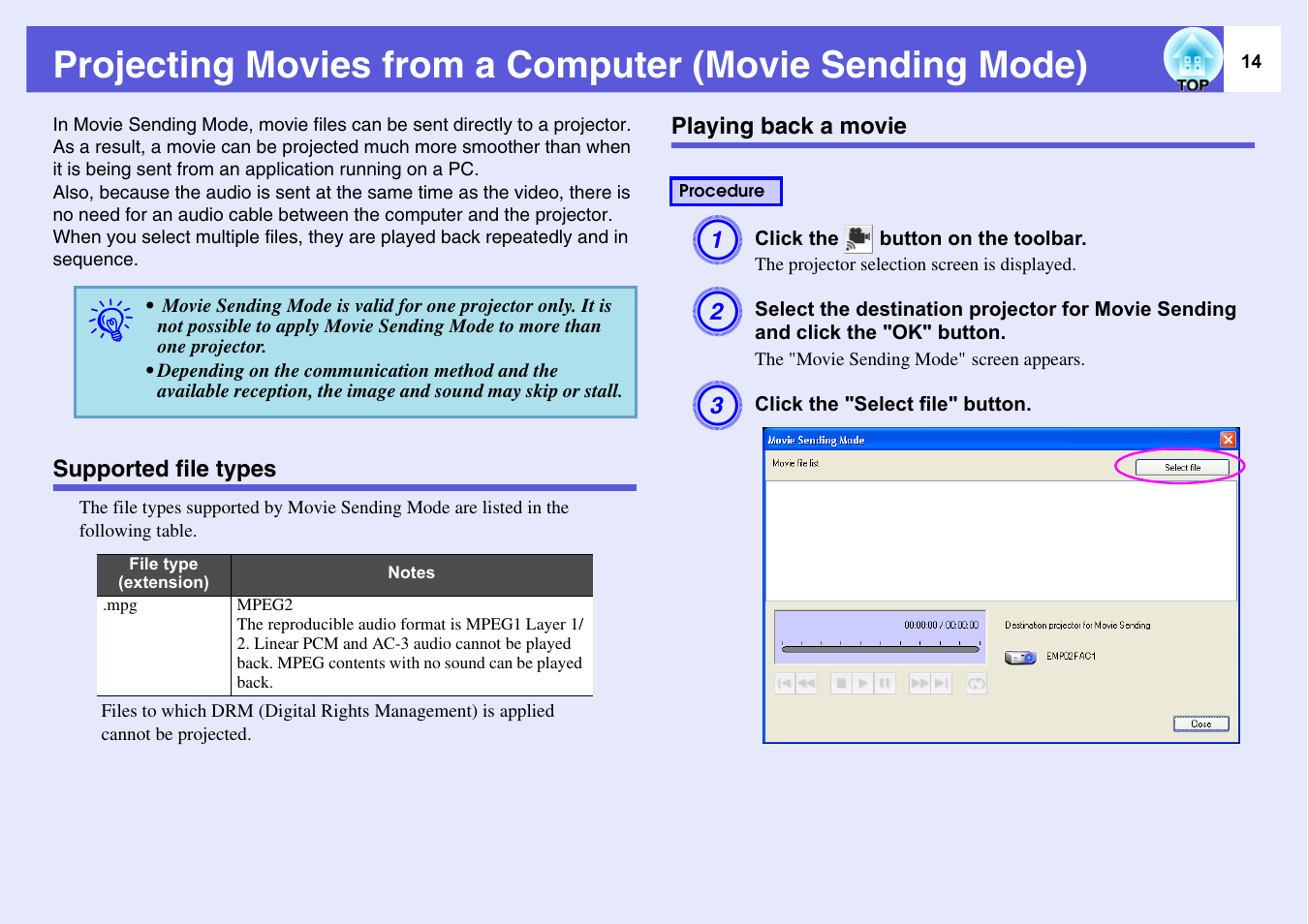Supported file types, Playing back a movie, Supported file types playing back a movie | P.14 | Epson EASYMP EMP-1705 User Manual | Page 14 / 100