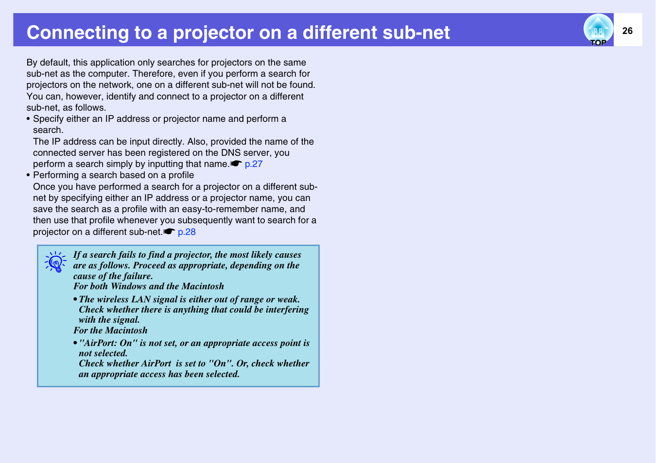Connecting to a projector on a different sub-net | Epson EASYMP EMP-1705 User Manual | Page 26 / 100