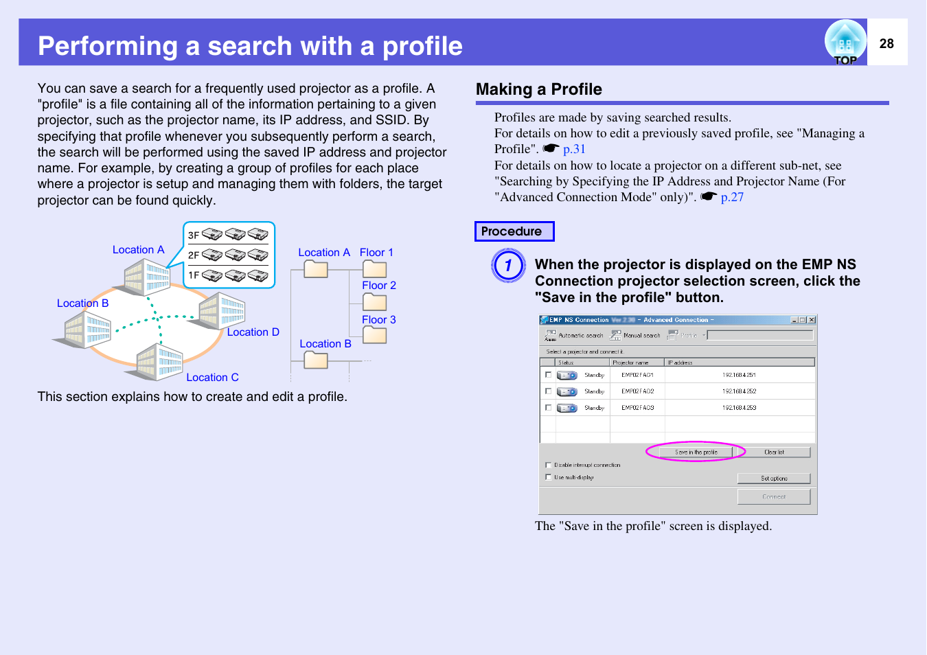 Performing a search with a profile, Making a profile, P.28 | Projector on a different sub-net.s | Epson EASYMP EMP-1705 User Manual | Page 28 / 100