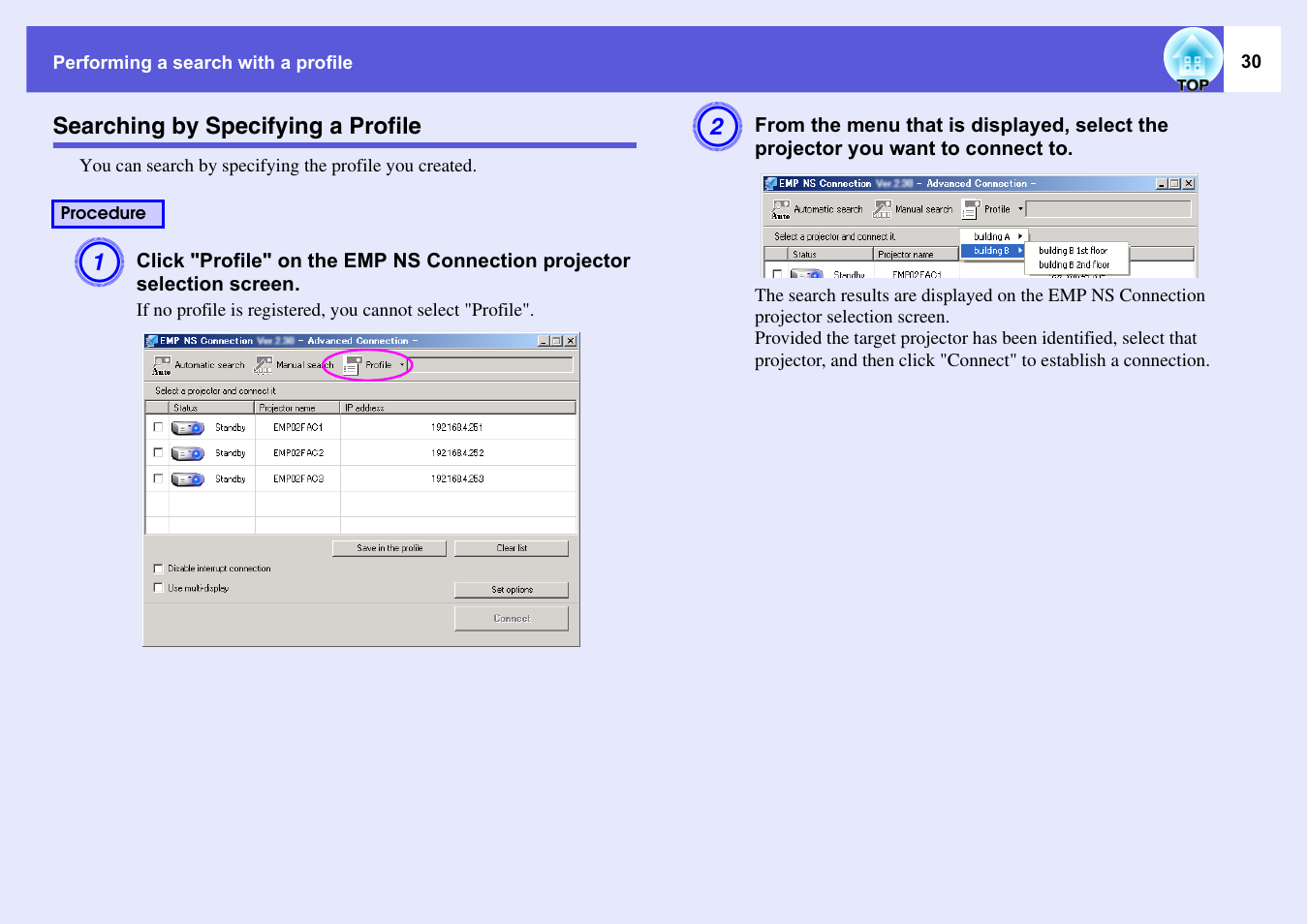 Searching by specifying a profile | Epson EASYMP EMP-1705 User Manual | Page 30 / 100