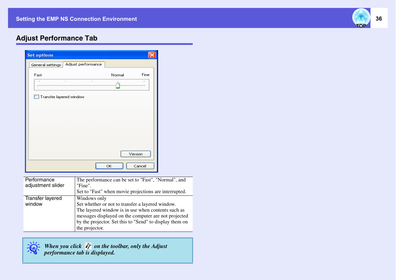Adjust performance tab | Epson EASYMP EMP-1705 User Manual | Page 36 / 100