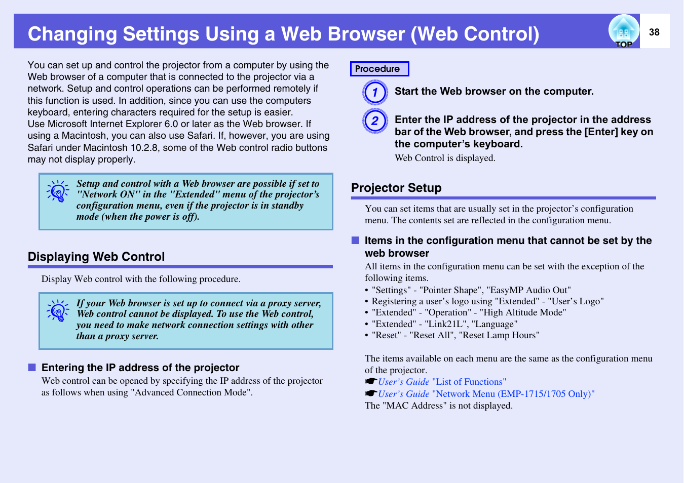 Displaying web control, Projector setup, Displaying web control projector setup | Entering the ip address of the projector, The web browser | Epson EASYMP EMP-1705 User Manual | Page 38 / 100