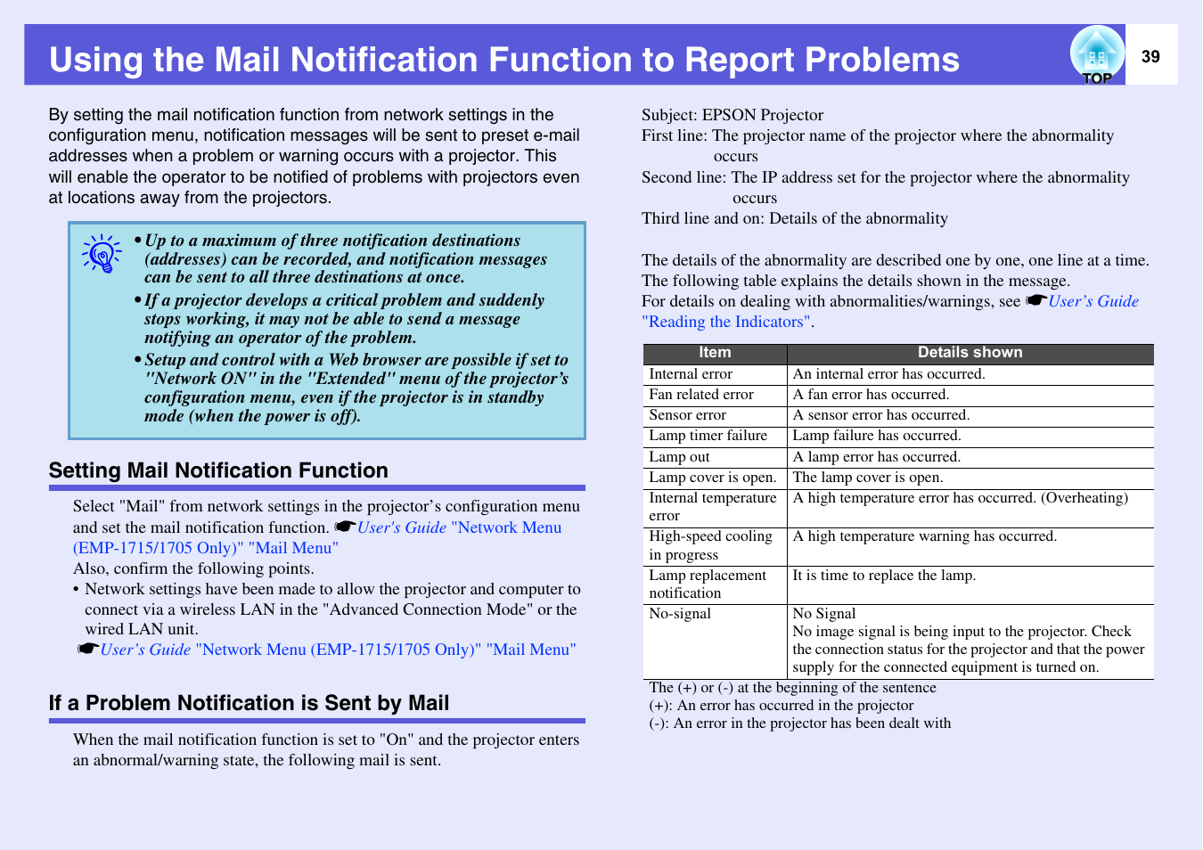 Setting mail notification function, If a problem notification is sent by mail | Epson EASYMP EMP-1705 User Manual | Page 39 / 100