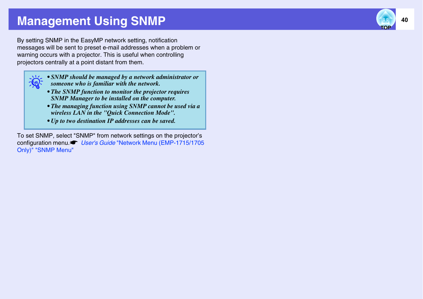 Management using snmp | Epson EASYMP EMP-1705 User Manual | Page 40 / 100