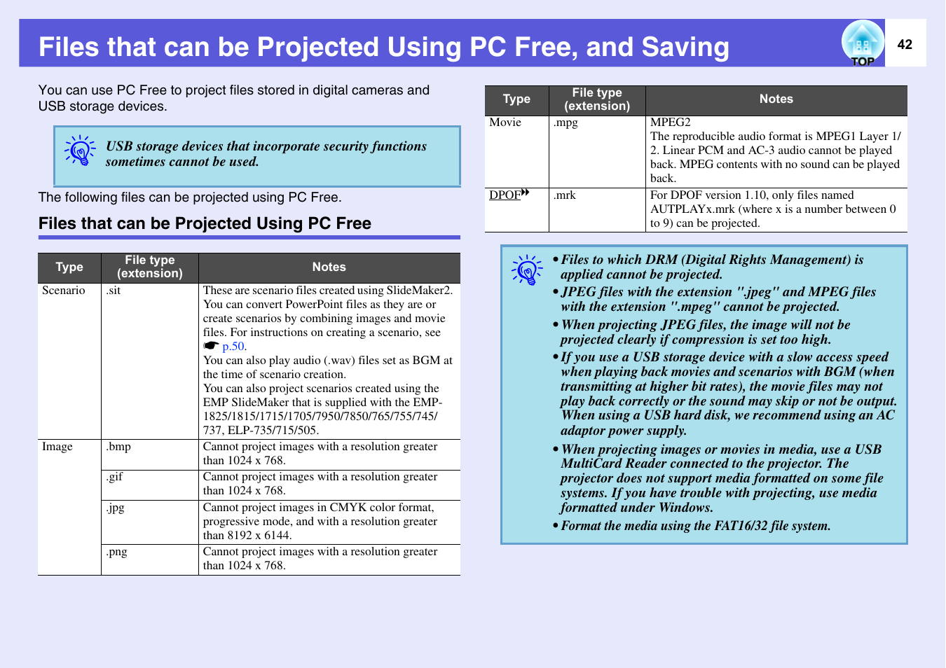 Files that can be projected using pc free | Epson EASYMP EMP-1705 User Manual | Page 42 / 100