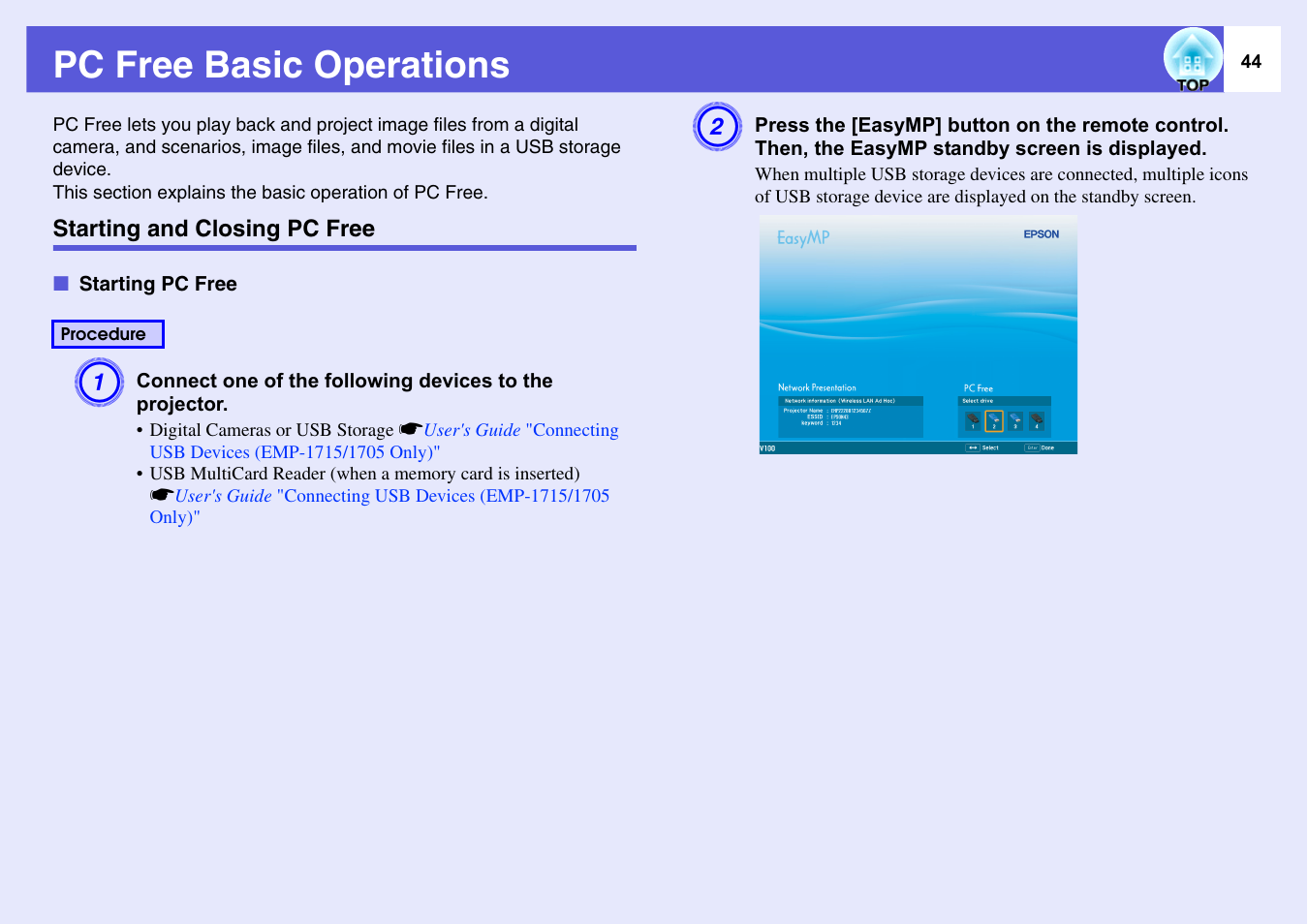 Pc free basic operations, Starting and closing pc free, Starting pc free | Epson EASYMP EMP-1705 User Manual | Page 44 / 100