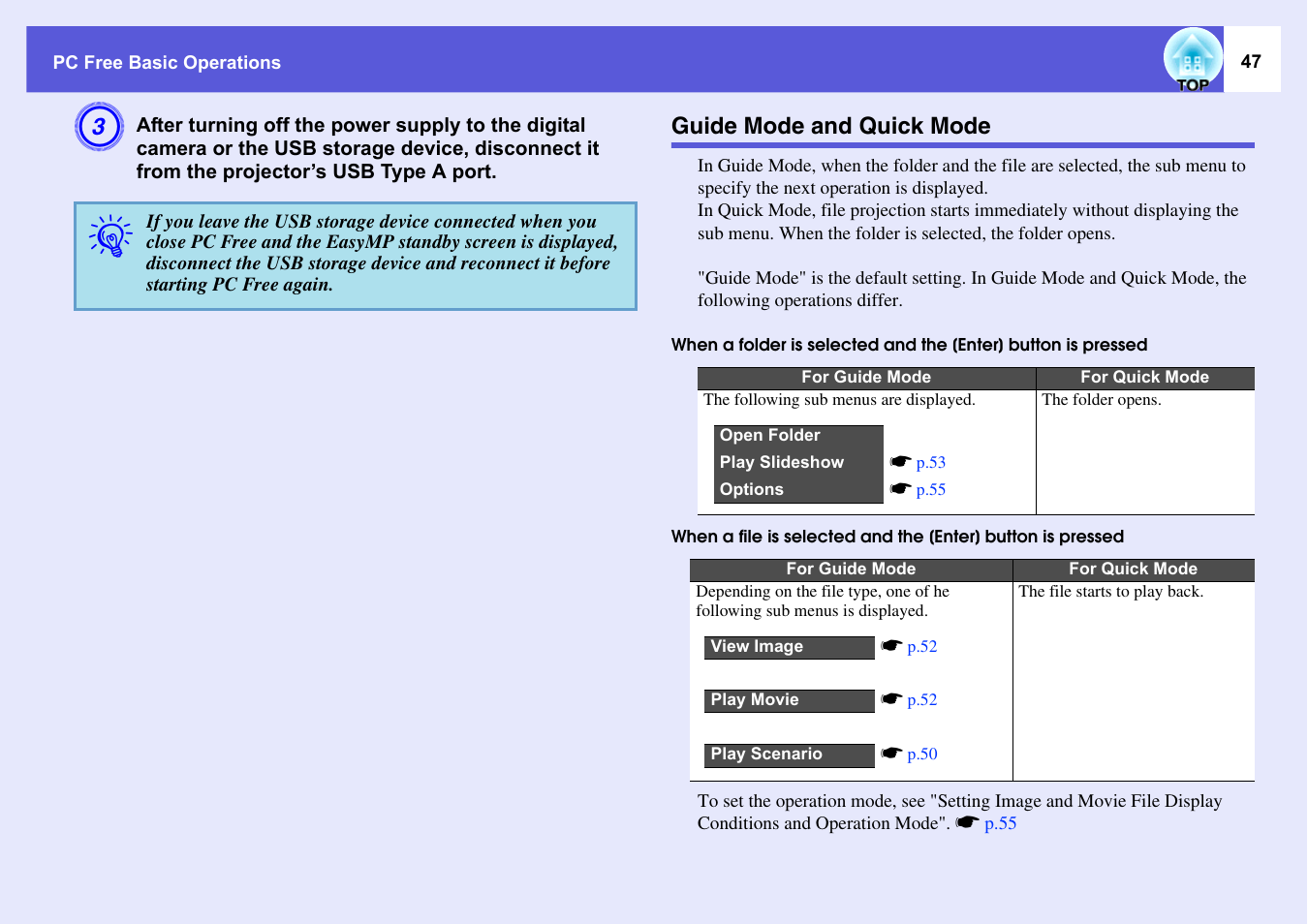 Guide mode and quick mode | Epson EASYMP EMP-1705 User Manual | Page 47 / 100