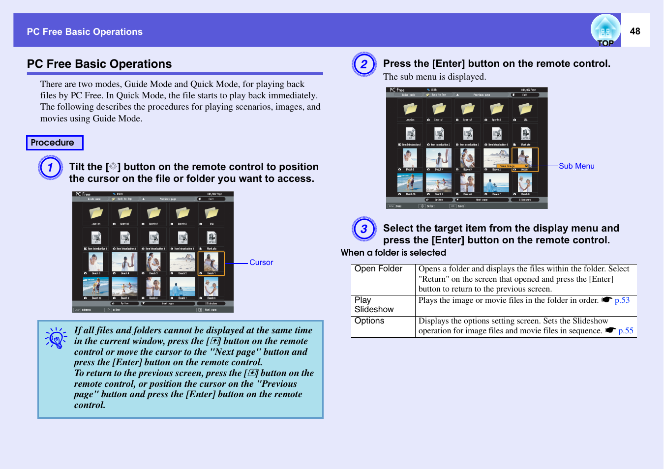 Pc free basic operations | Epson EASYMP EMP-1705 User Manual | Page 48 / 100