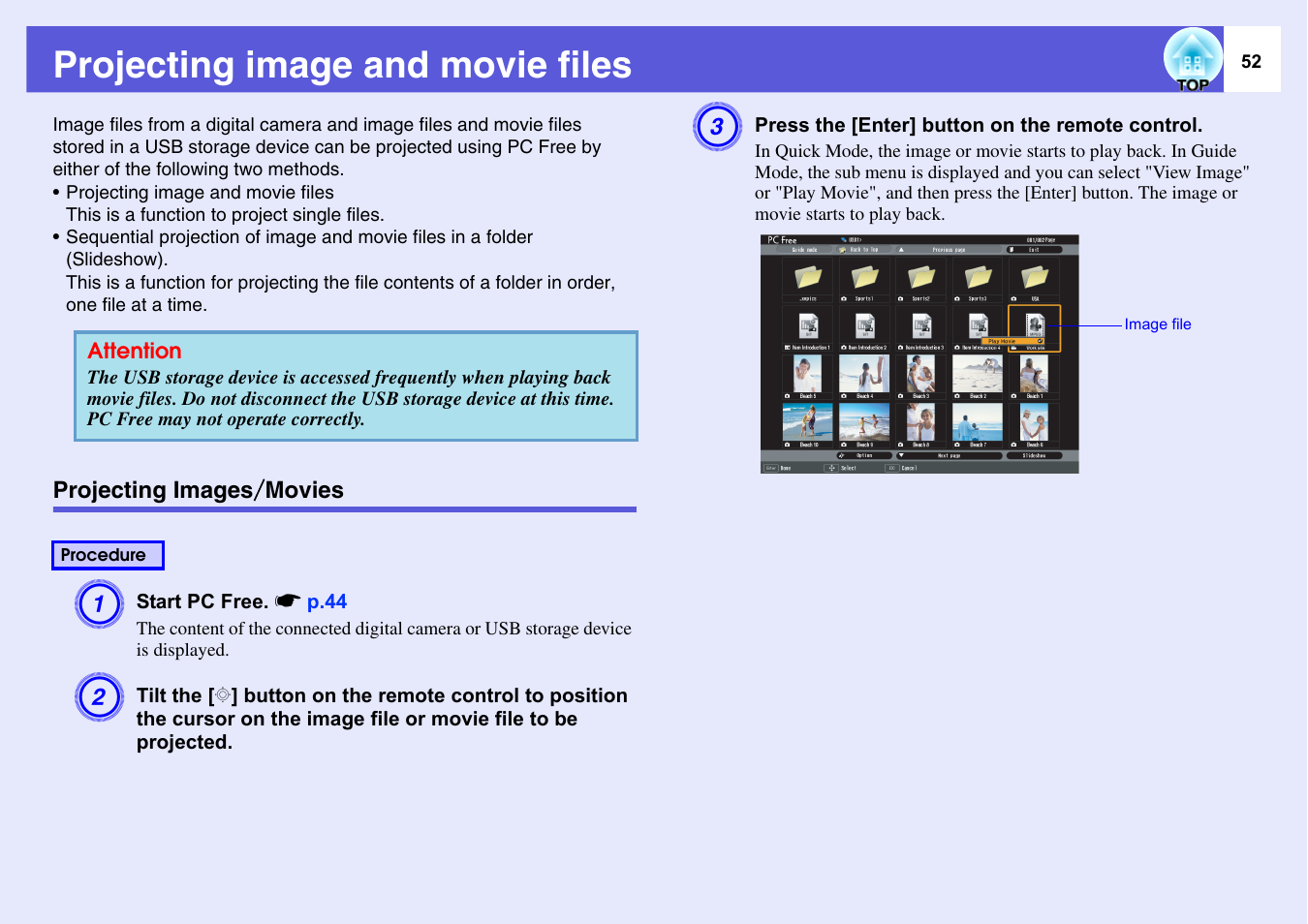 Projecting image and movie files, Projecting images/movies, Projecting images / movies | P.52, Play jpeg images s | Epson EASYMP EMP-1705 User Manual | Page 52 / 100
